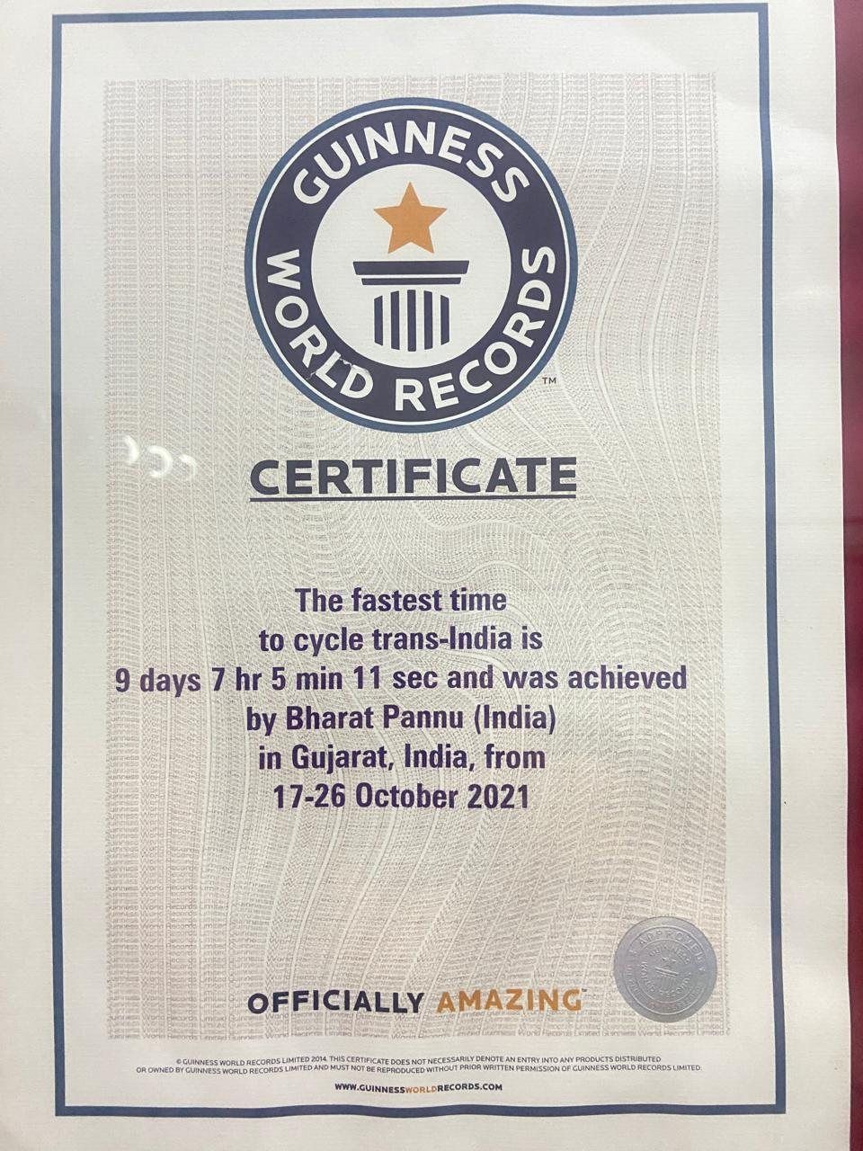 Guinness World Record certificate — fastest time to cycle trans-India