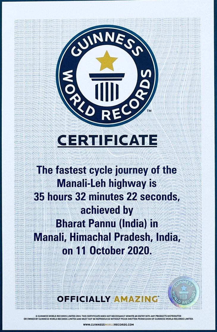 Guinness World Record certificate — Manali to Leh