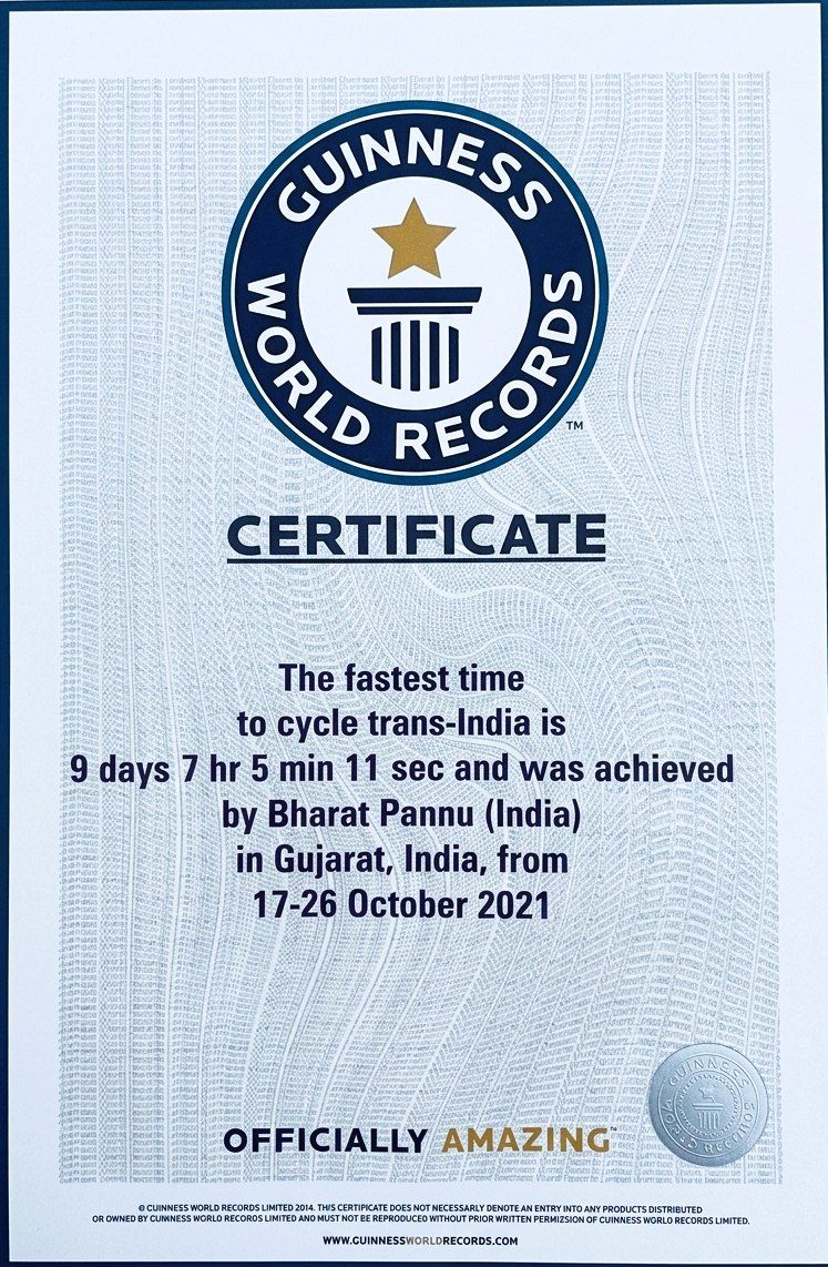 Guinness World Record certificate — Trans-India West to East