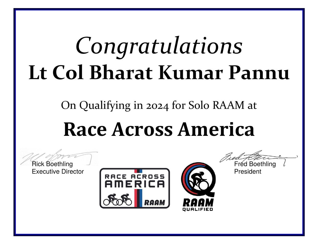 RAAM solo qualification certificate 2024