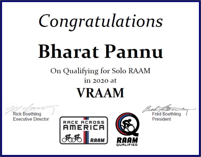 RAAM Solo Qualifying Certificate 2020