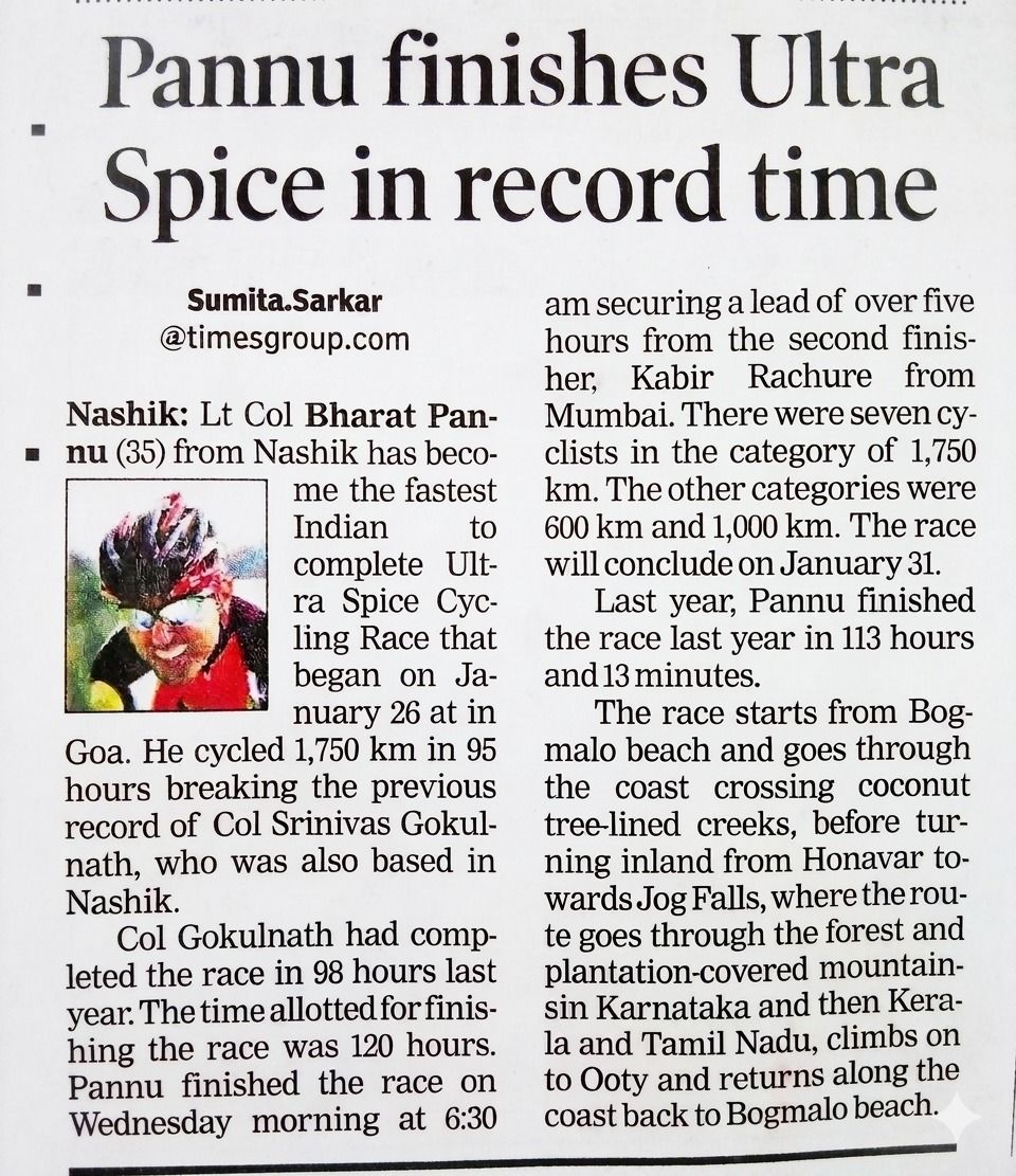 Times of India clipping — Pannu finishes Ultra Spice in record time