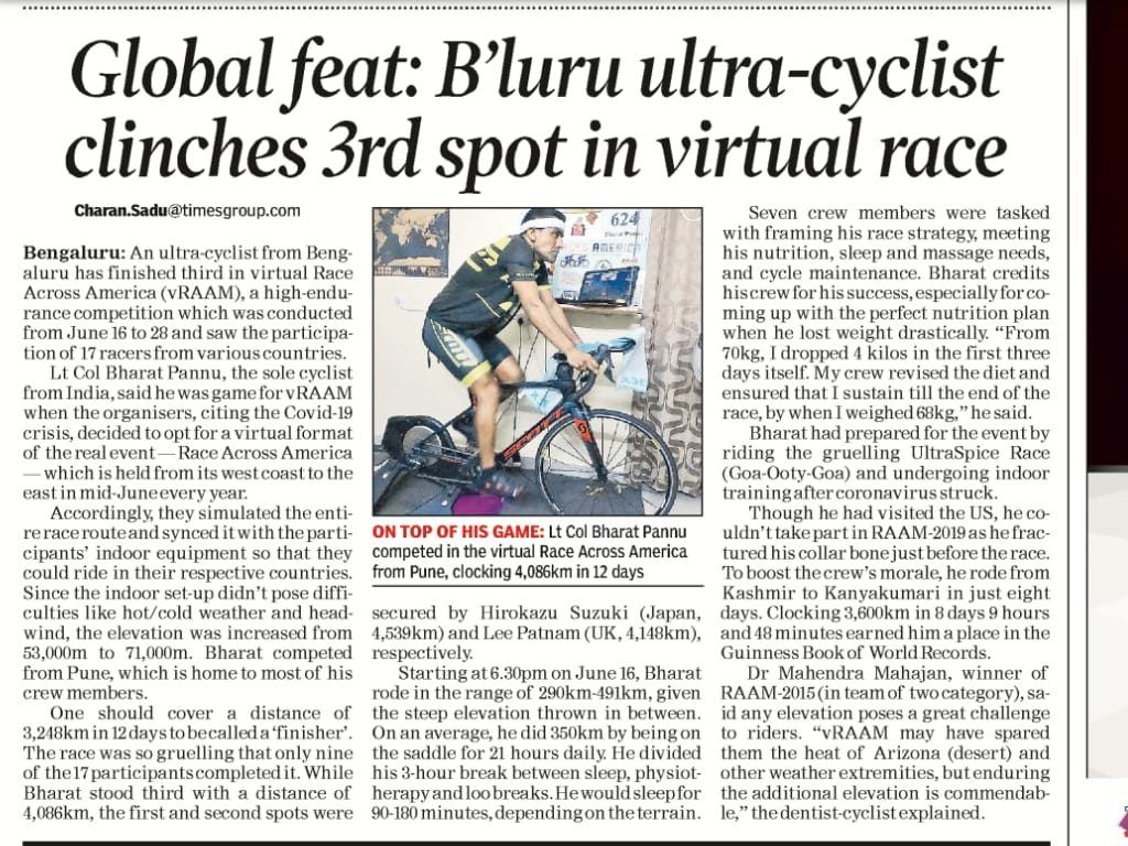Times of India clipping — Global feat: B'luru ultra-cyclist clinches 3rd spot in virtual race